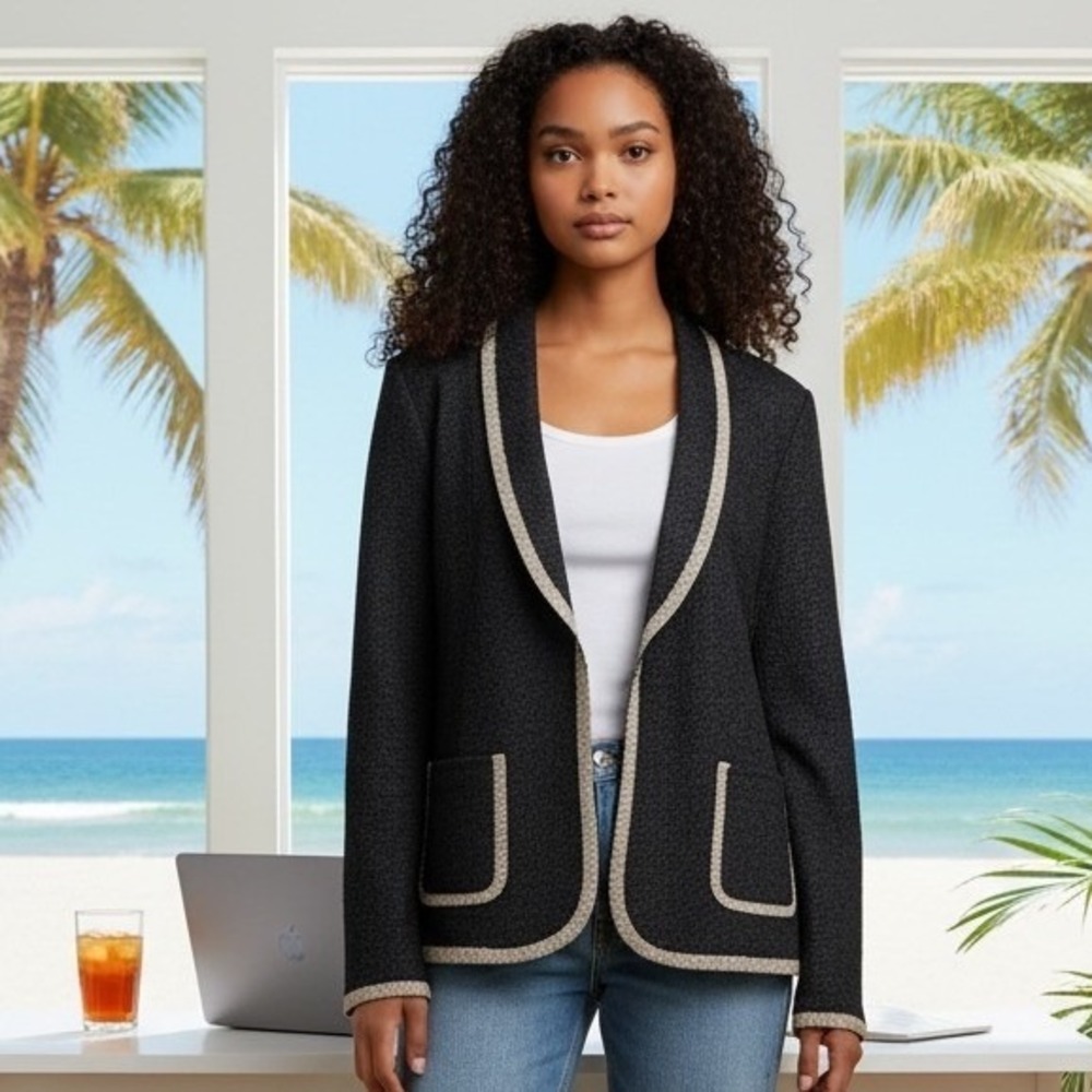 Chicos Travelers Collection Black Textured Open Front Jacket Gold Trim Size 2